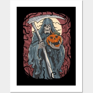 Grim Reaper Holding Pumpkin Art Posters and Art